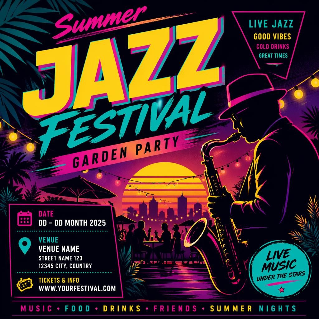 Retro-80er-Neon-Poster für ein sommerliches Jazzfestival mit sportlicher Dynamik, Platzhaltern für Name, Datum und Venue