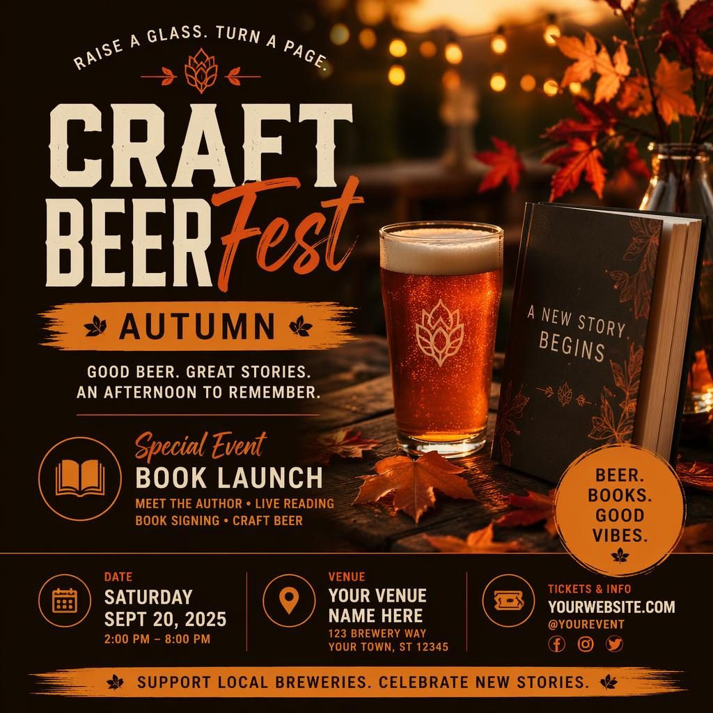 Modern editorial event poster for an autumn book launch with cozy warm sunset tones and clean placeholder text for name, date, and venue.