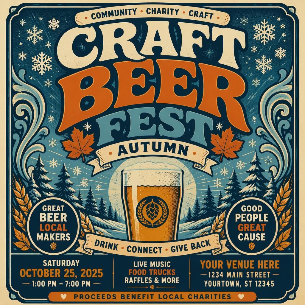 Vintage 1960s-style event poster for a craft beer fest autumn charity event with winter ice palette and clean placeholder text.