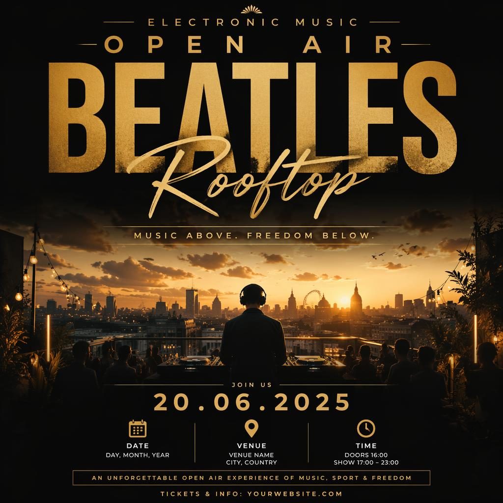 Bold event poster for an electronic music open air sports event in black and gold with dreamy mood and clean placeholder text.