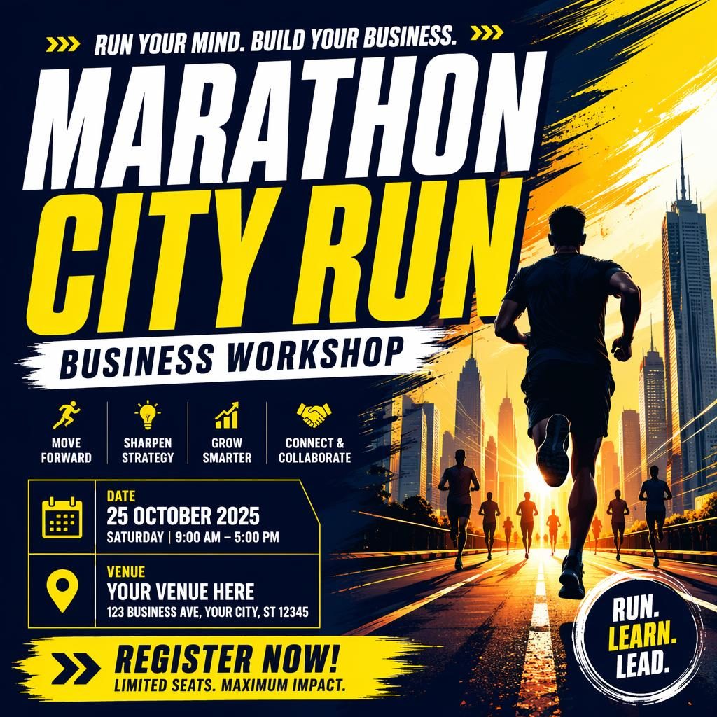 Bold event poster for Marathon City Run with energetic typography, high-contrast colors, and clean date and venue placeholders.