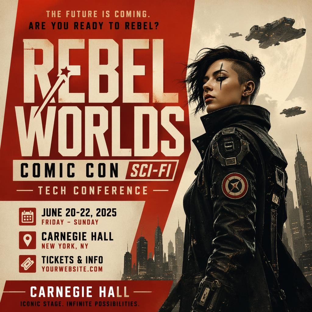 Photographic sci-fi tech conference poster with bold rebellious mood, vintage cream and red palette, and clean placeholder text.