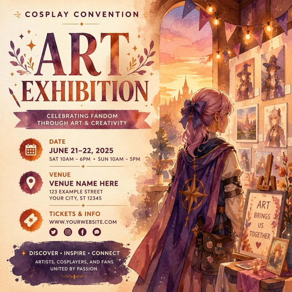 Watercolor event poster for a cosplay convention art exhibition with cozy sunset tones and clean English placeholder text.