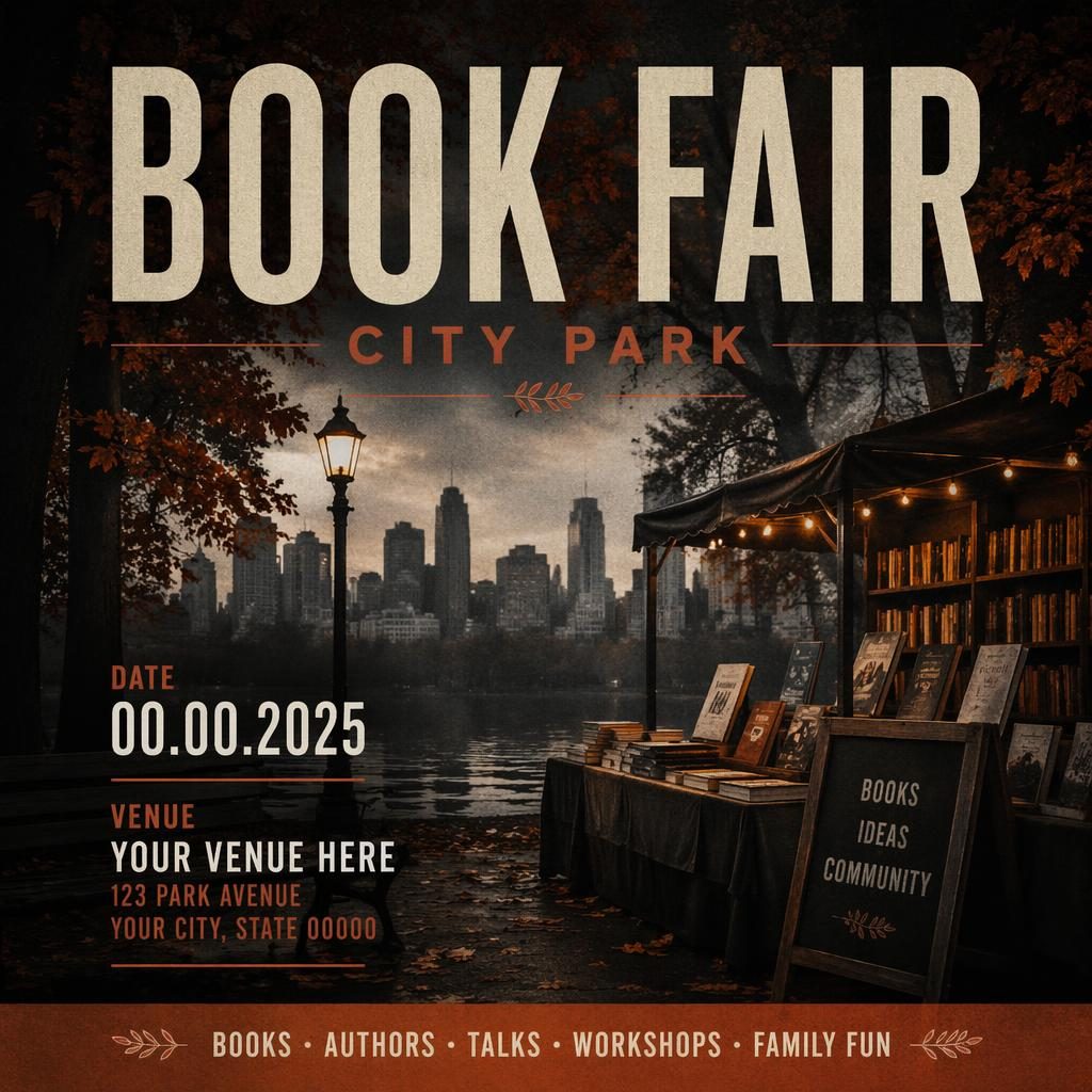 Photographic event poster set in a city park with autumn rust tones, dark mysterious mood, and clean placeholder text.