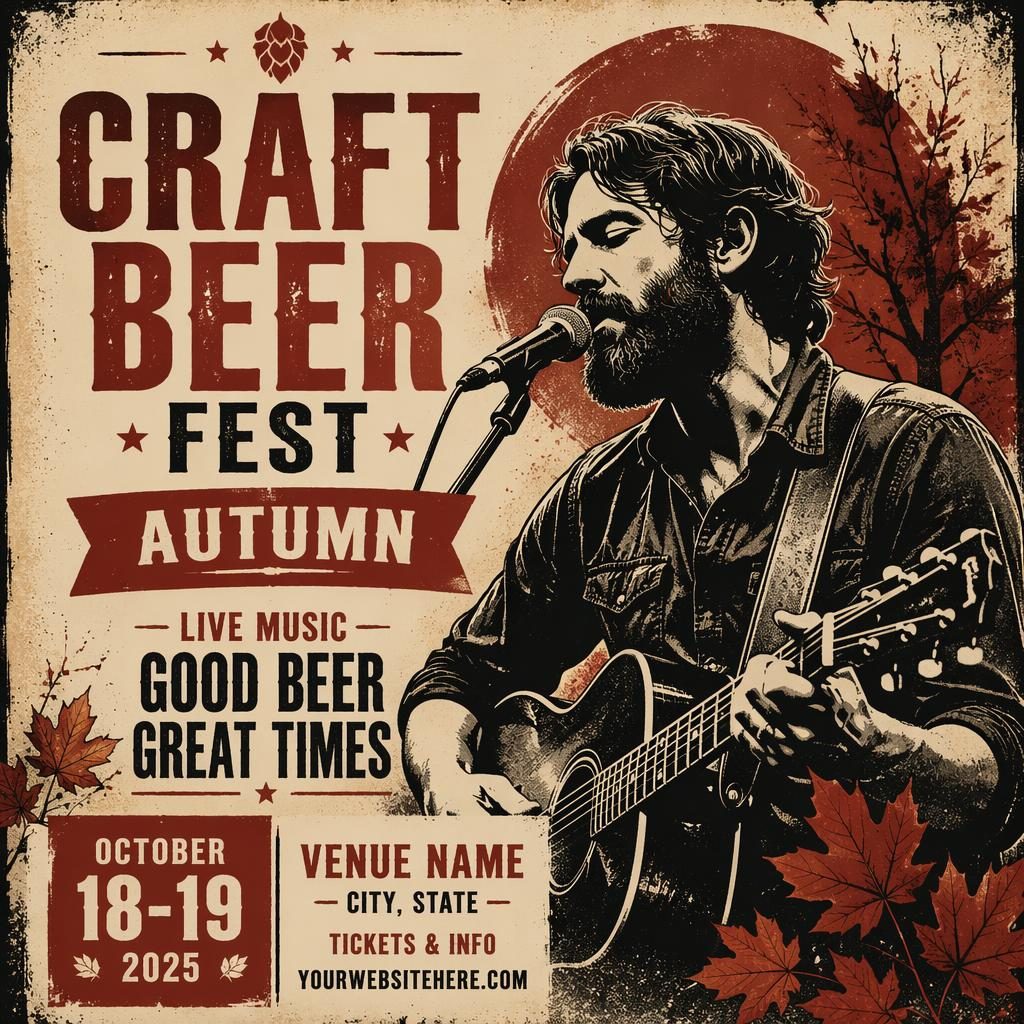 Grunge-style autumn craft beer fest concert poster in cream and red with bold typography and clean date and venue placeholders.