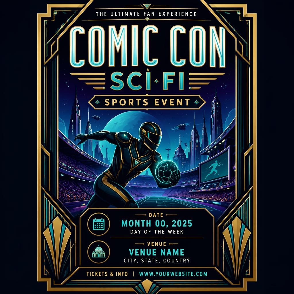 Art deco luxury sci-fi comic con sports event poster in cool neon colors with clean placeholder text for event name, date, and venue.