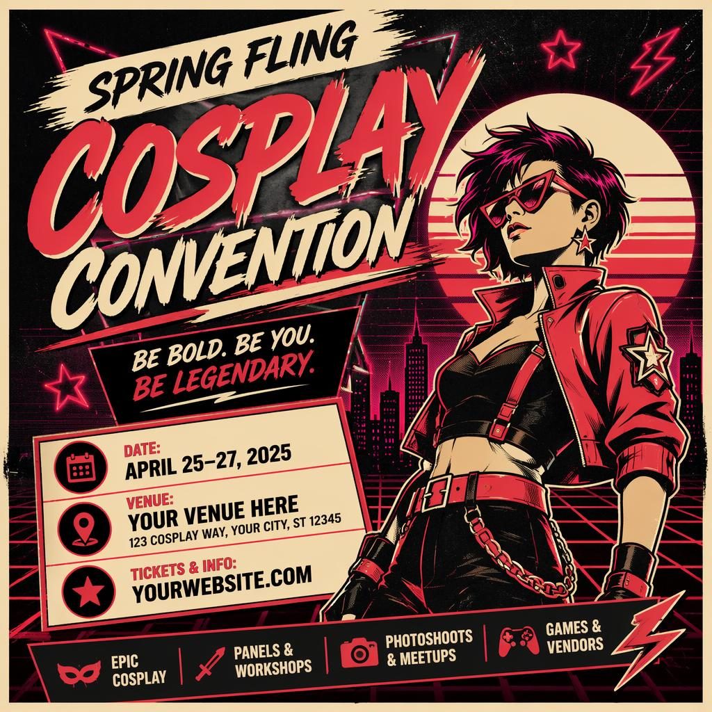 Retro 1980s neon event poster for a cosplay convention with cream and red tones, bold layout, and readable date venue text.