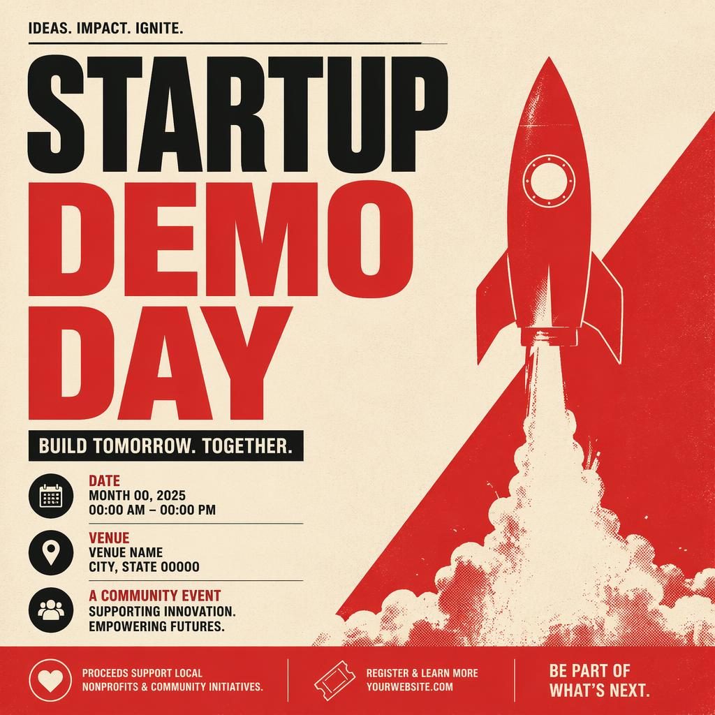 Minimalist Swiss-style event poster for a startup demo day in cream and red, with bold typography and clean date and venue placeholders.