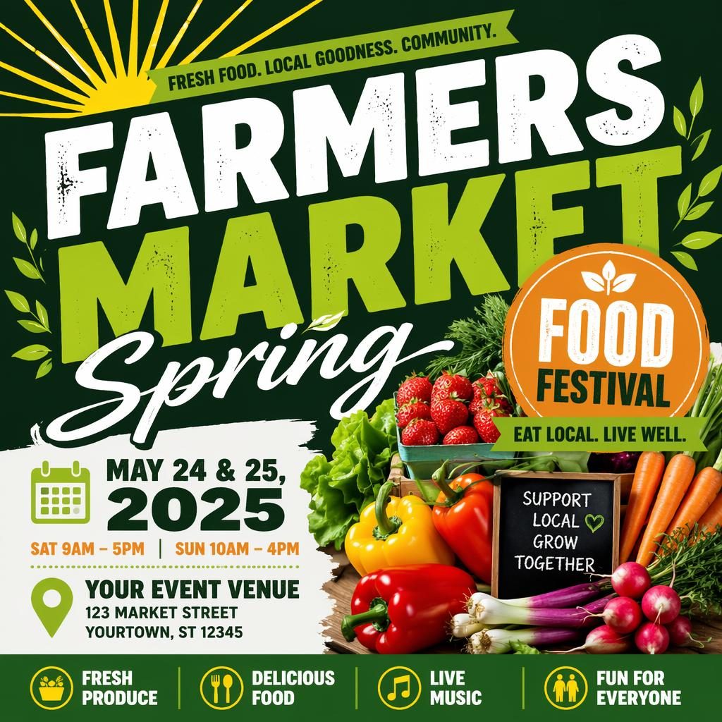 Bold spring farmers market food festival poster with strong typography, high-contrast colors, and clean date venue placeholders.