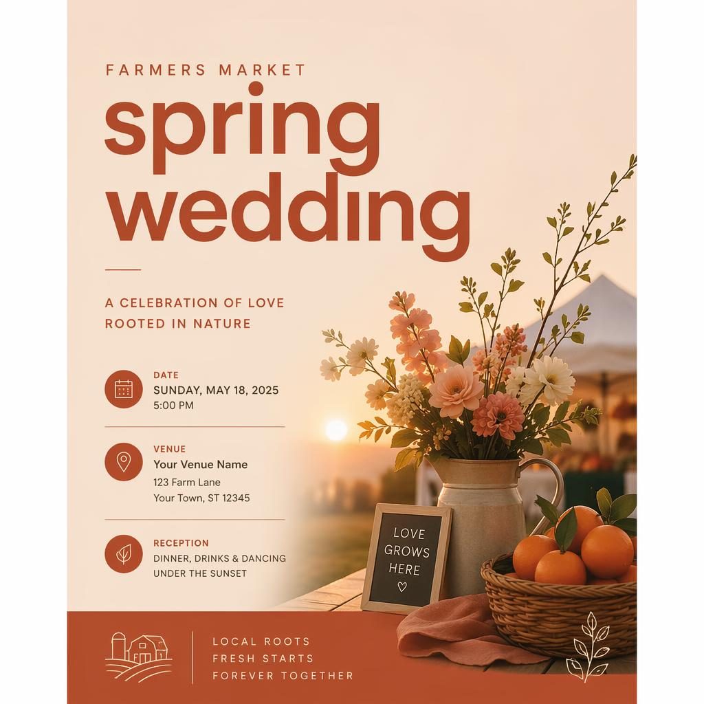 Minimalist Swiss-style wedding event poster for a spring farmers market with warm sunset colors and clean placeholder text.