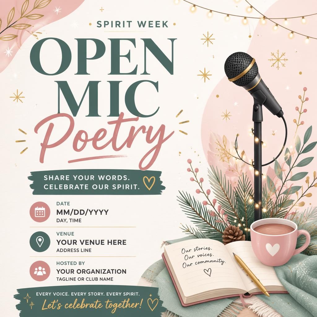 Modern editorial event poster for open mic poetry with pastel holiday colors, joyful layout, and clean date and venue placeholder text.