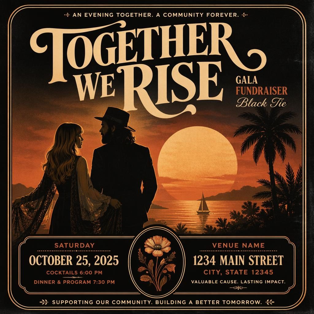Vintage 1960s-style gala fundraiser poster with black-tie theme, warm sunset colors, cozy mood, and sharp event text placeholders.