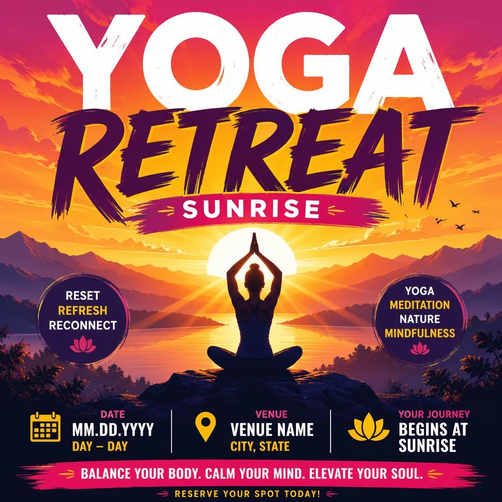 Bold event poster showing a sunrise yoga retreat theme with strong typography, high-contrast colors, and clean date and venue placeholders.