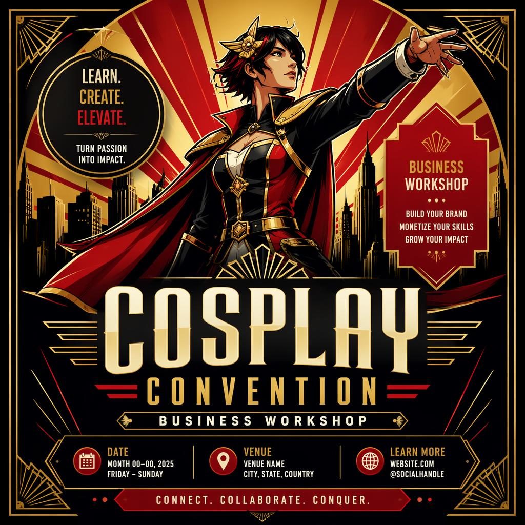 Art deco luxury event poster for a cosplay convention business workshop with bold high-contrast colors and sharp placeholder text.