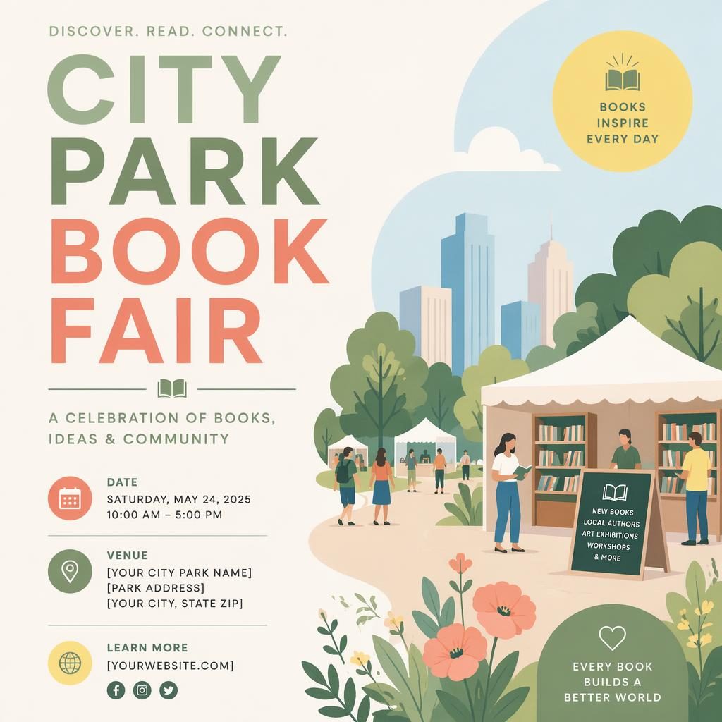Minimalist Swiss-style event poster for a book fair in a city park, with pastel colors, joyful layout, and sharp English placeholder text.