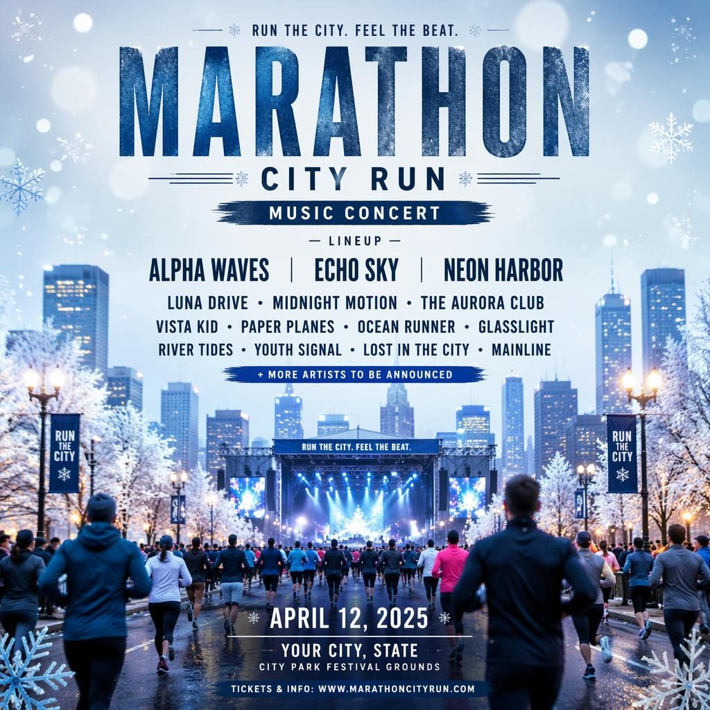 Photographic winter event poster for a music concert, showing a city marathon run scene with icy blue festive overlay.