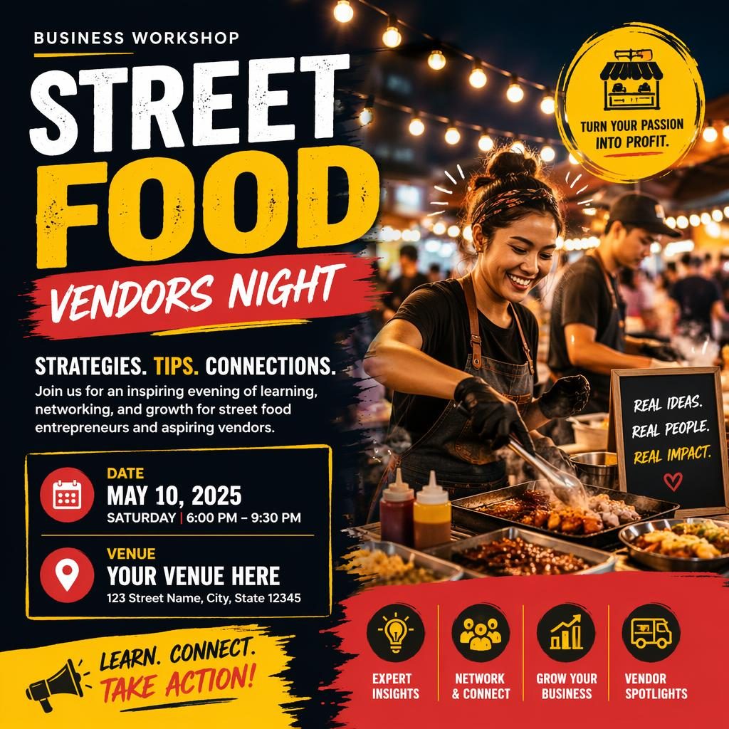 Modern editorial event poster for Street Food Vendors Night with bold high-contrast colors and clean date, venue placeholders.