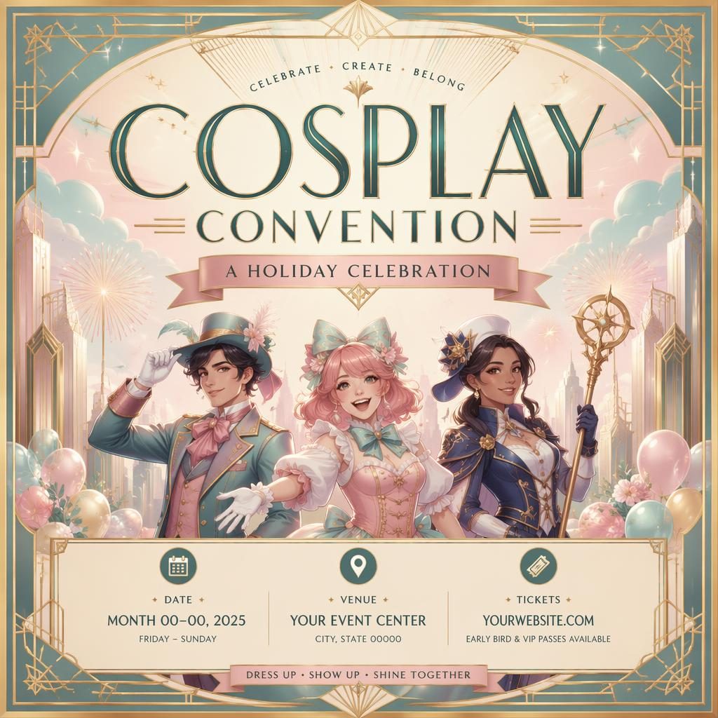 Art deco luxury cosplay convention holiday poster with pastel palette, festive figures, and sharp English date and venue placeholders