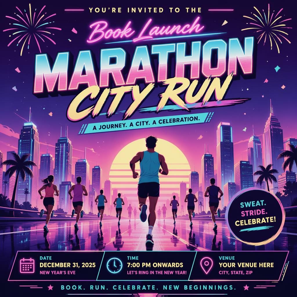 Retro 1980s neon event poster for a marathon city run book launch with pastel colors and clean date, venue placeholders.
