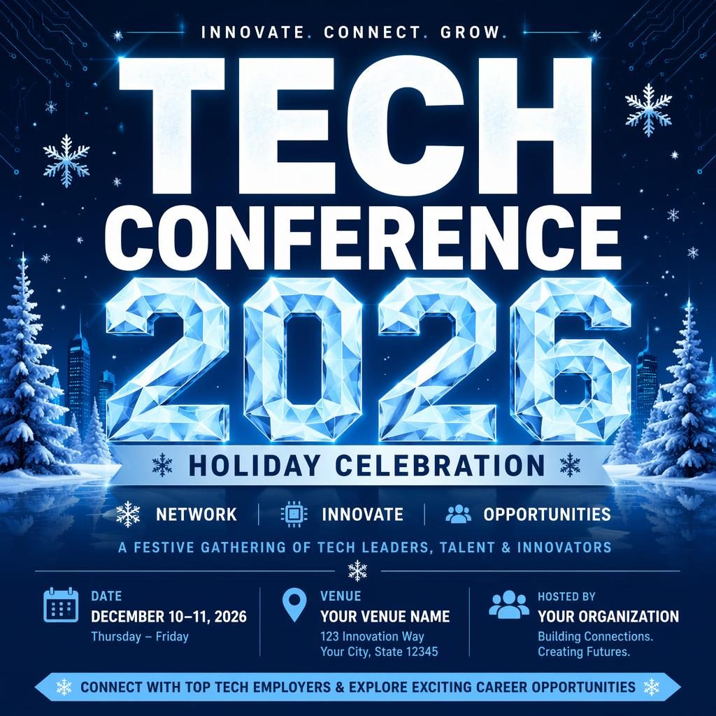 AI event poster for Tech Conference 2026 with bold typography, winter ice palette, festive holiday mood, and clean date and venue placeholders.