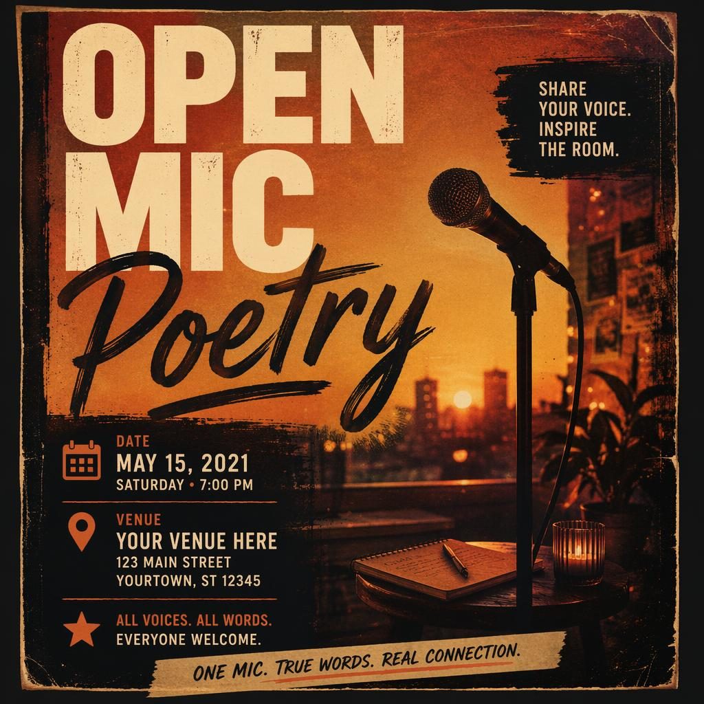 Grunge-style open mic poetry event poster with warm sunset tones, cozy intimate mood, and sharp placeholder date and venue text.
