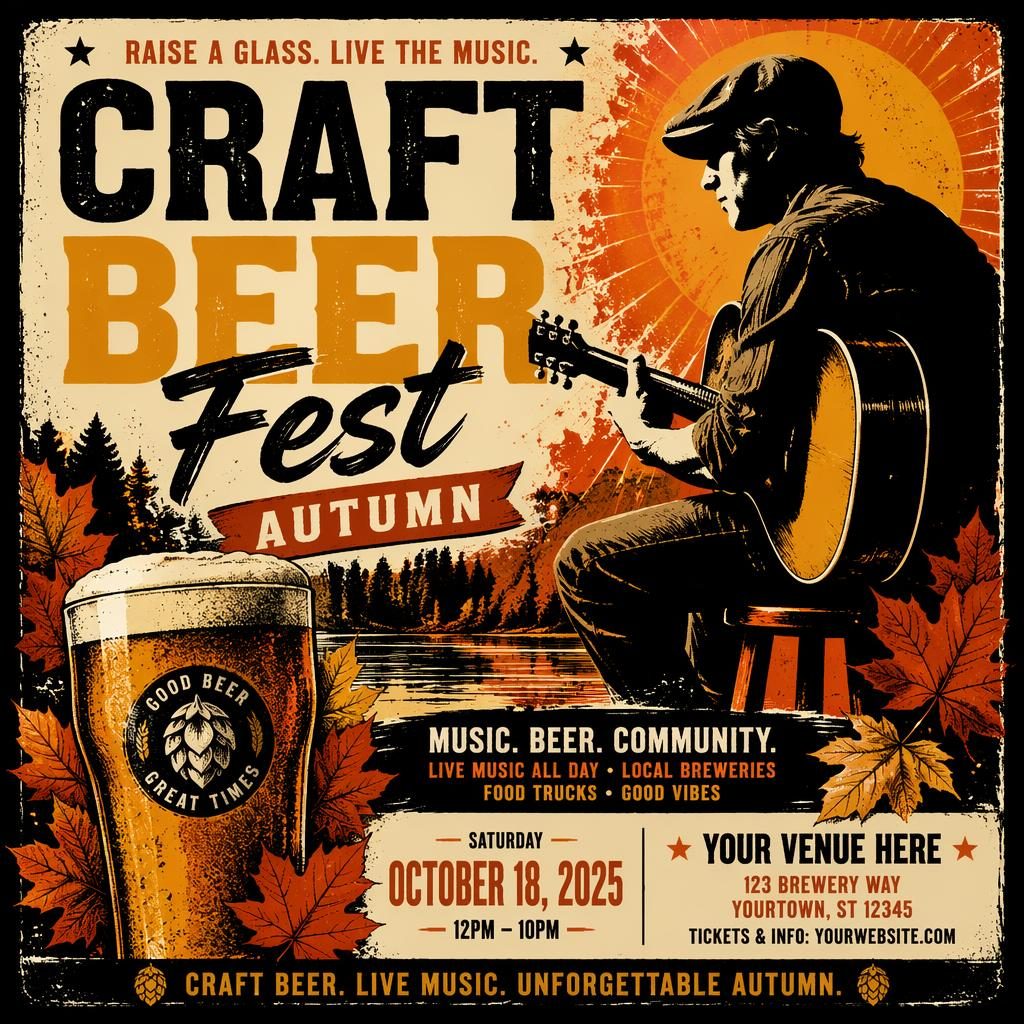 Grunge-style autumn craft beer festival poster with music festival layout, bold high-contrast colors, and sharp placeholder text