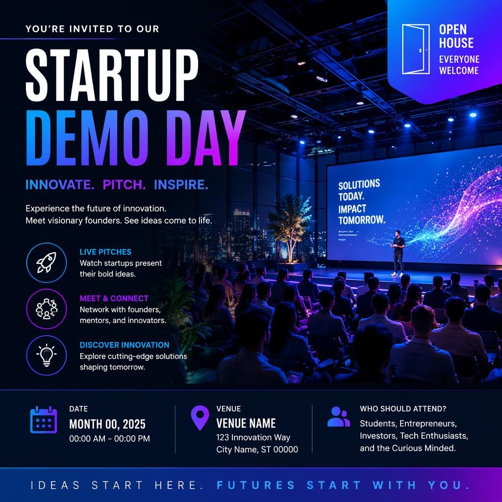Photographic startup demo day event poster with neon overlay, formal mood, readable date and venue placeholders.