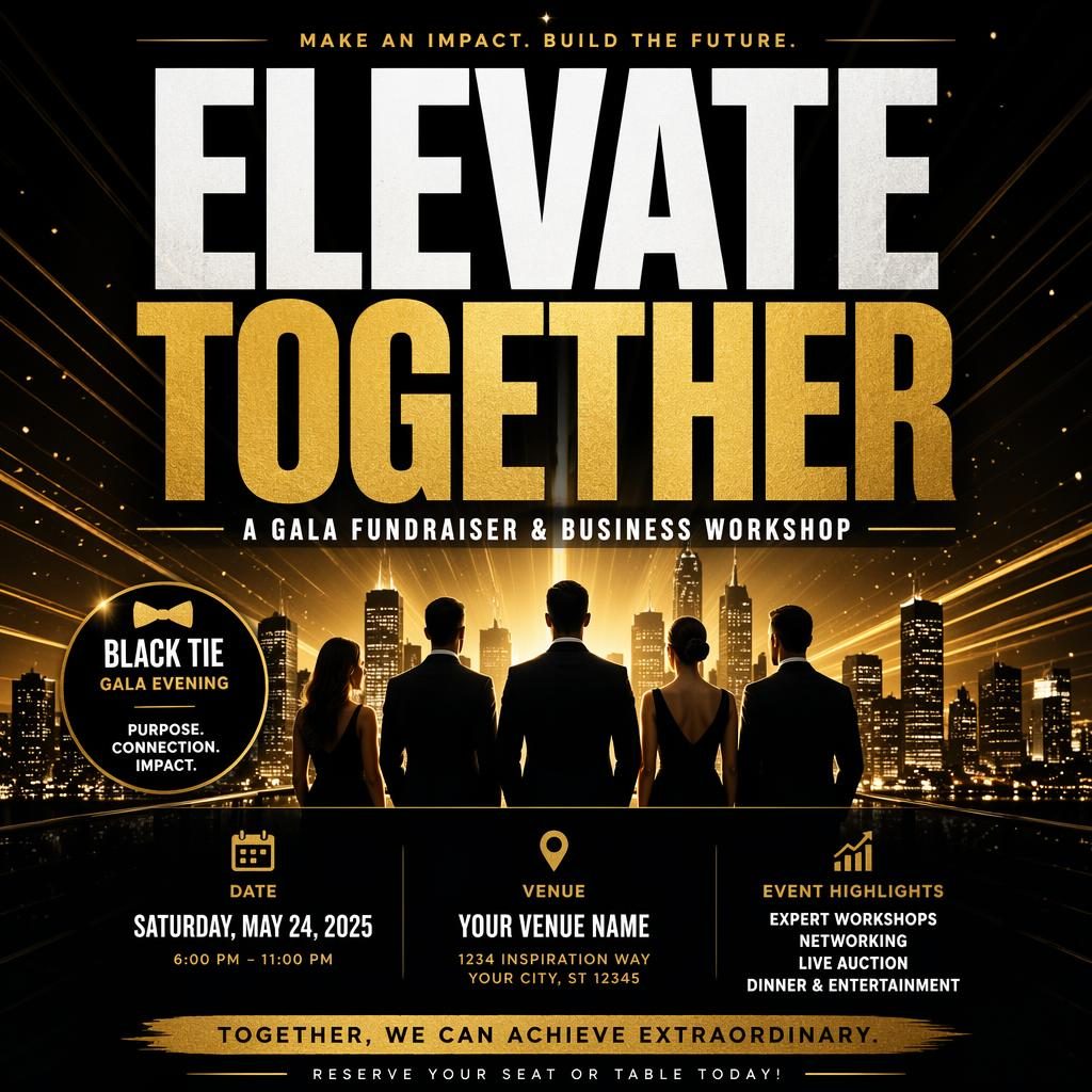 Black-tie gala fundraiser event poster with bold typography, high-contrast colors, energetic layout, and clean date venue placeholders.