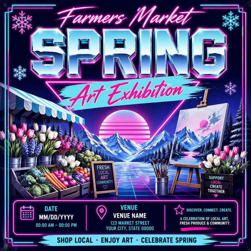 Retro 1980s neon event poster for Farmers Market Spring art exhibition with winter ice colors and clean placeholder text