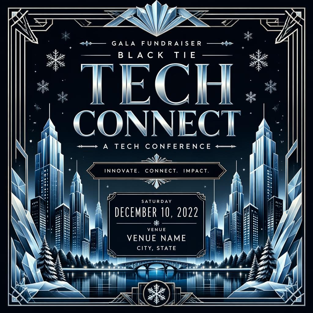 Art deco luxury event poster for a black-tie tech gala fundraiser in icy winter tones with clean date and venue placeholders.