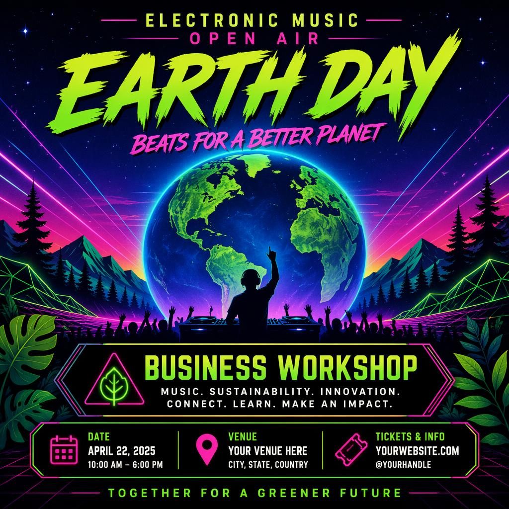 Retro 1980s neon event poster for an electronic music open air business workshop with sharp date and venue placeholders.