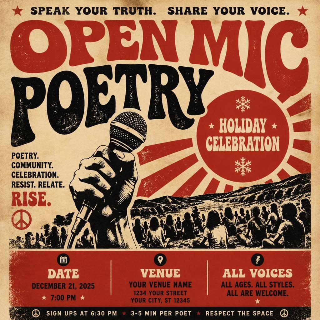 Grunge-style holiday open mic poetry event poster in vintage cream and red with bold typography and clean date and venue placeholders.