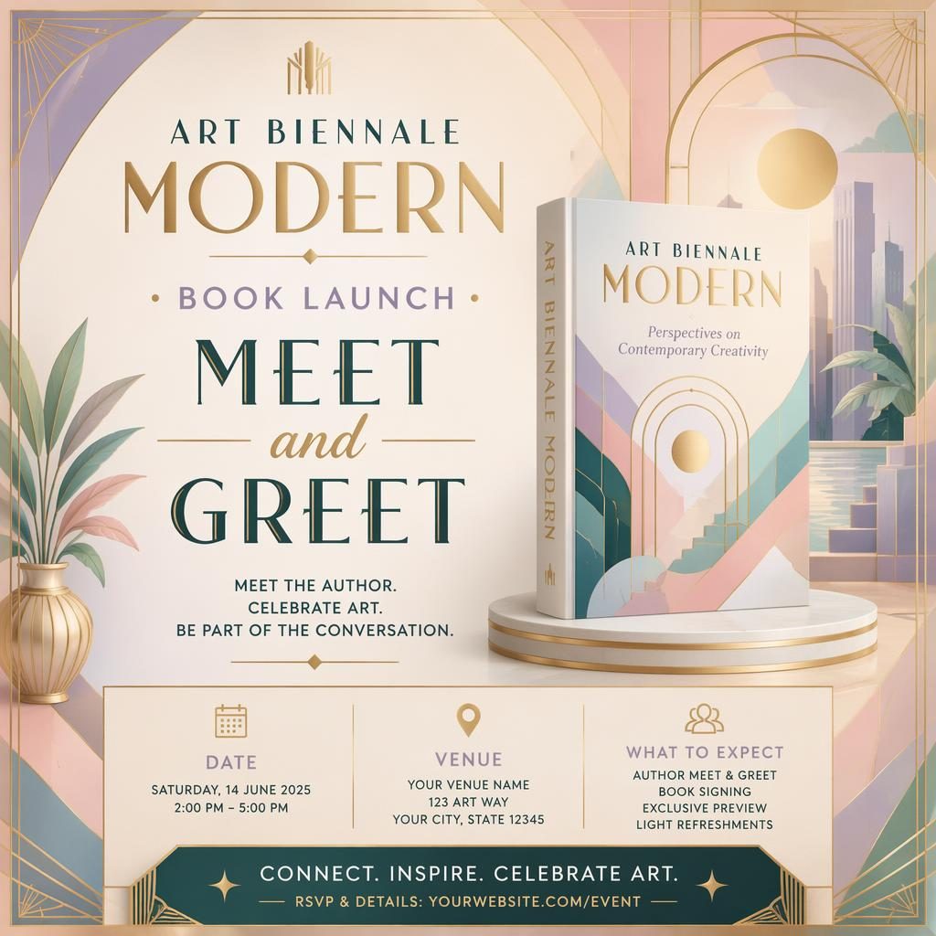 Art deco luxury event poster for a modern art biennale book launch with pastel colors, readable date and venue text.