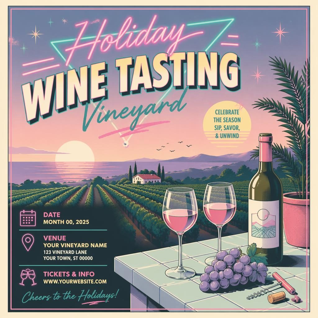 Retro 1980s neon event poster for a holiday wine tasting at a vineyard with pastel colors and sharp placeholder text.