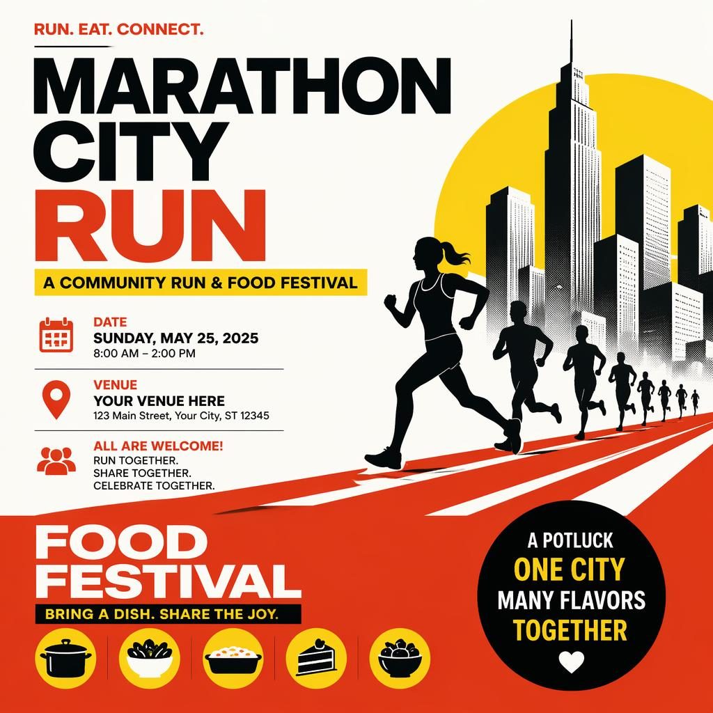 Minimalist Swiss-style event poster for Marathon City Run with bold high-contrast colors and clean date and venue placeholder text.