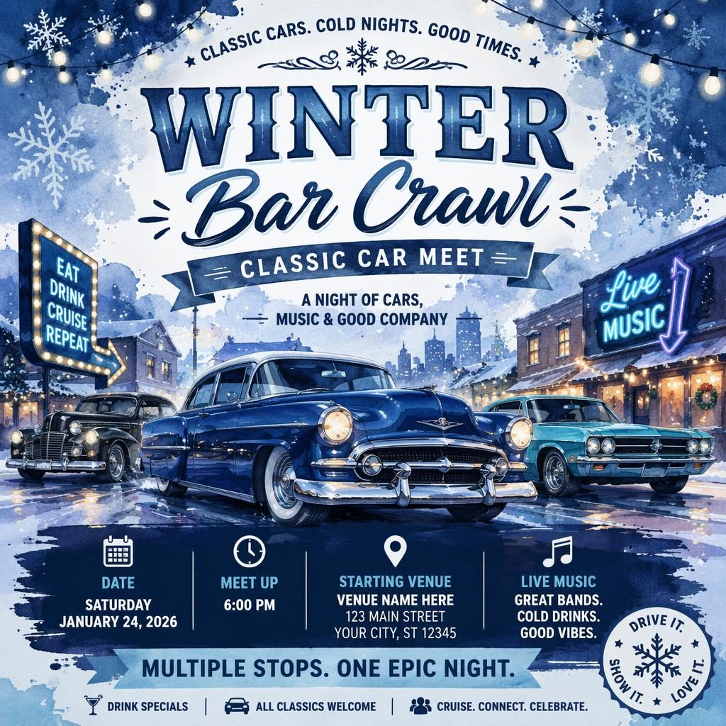 Watercolor winter event poster for a classic car meet concert with vintage cars, icy festive colors, and clean placeholder text.