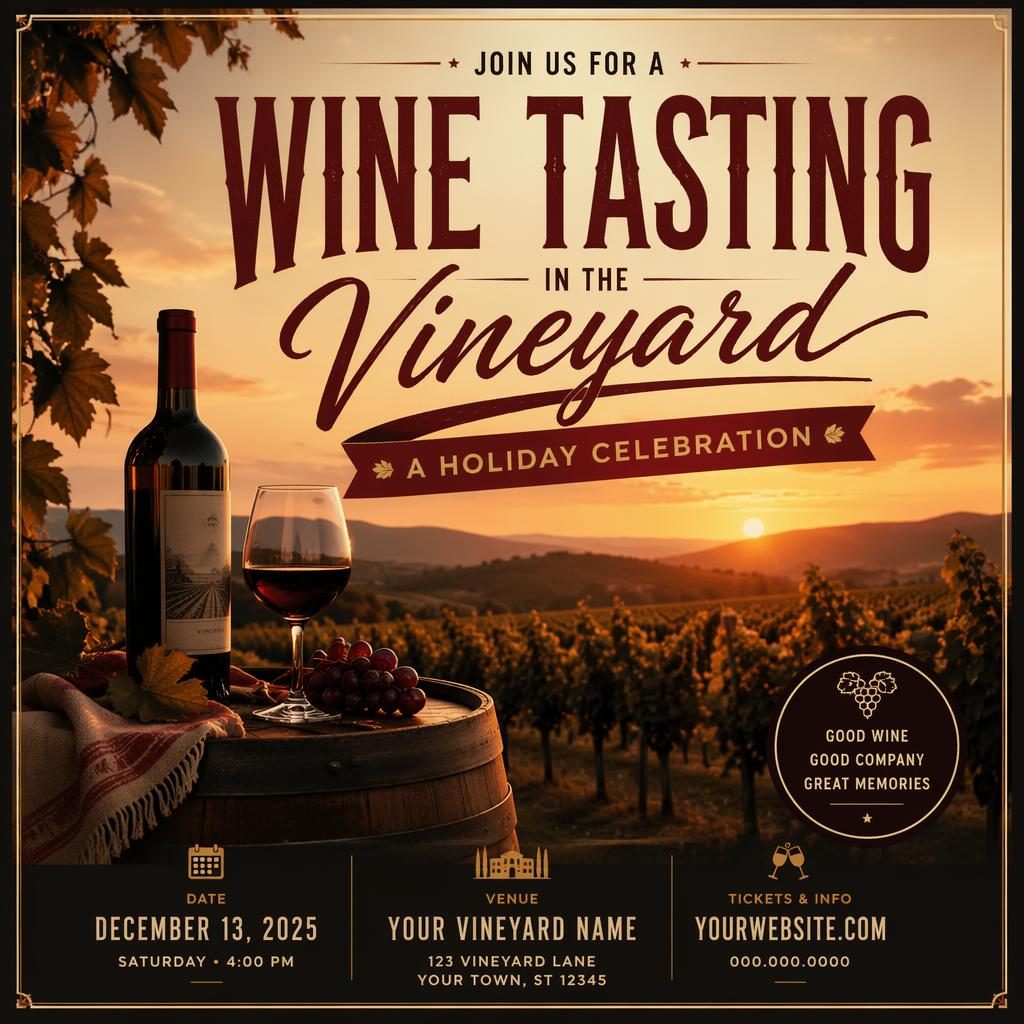 Modern editorial event poster for a holiday wine tasting at a vineyard, with warm sunset tones, cozy mood, and clean text placeholders.