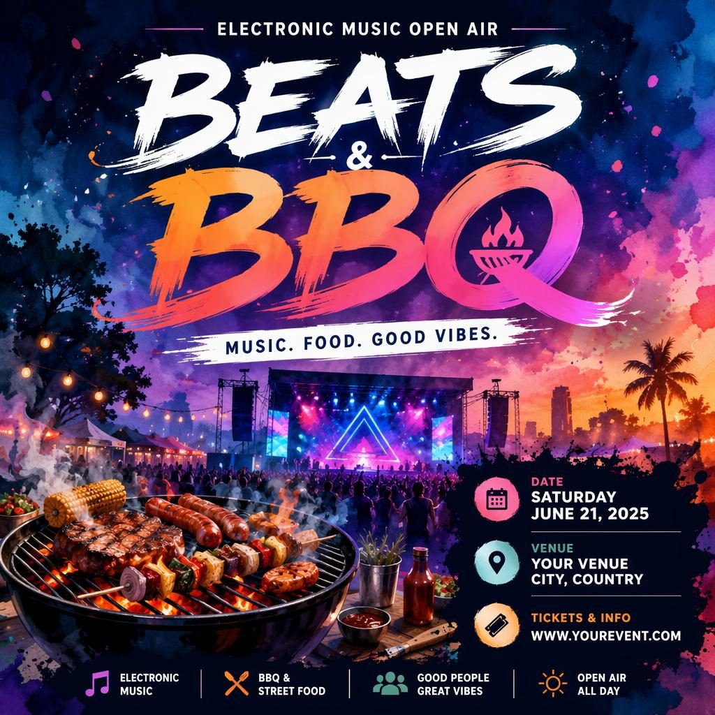 Watercolor event poster for an electronic music open air food festival in a cool neon palette with sharp placeholder text.