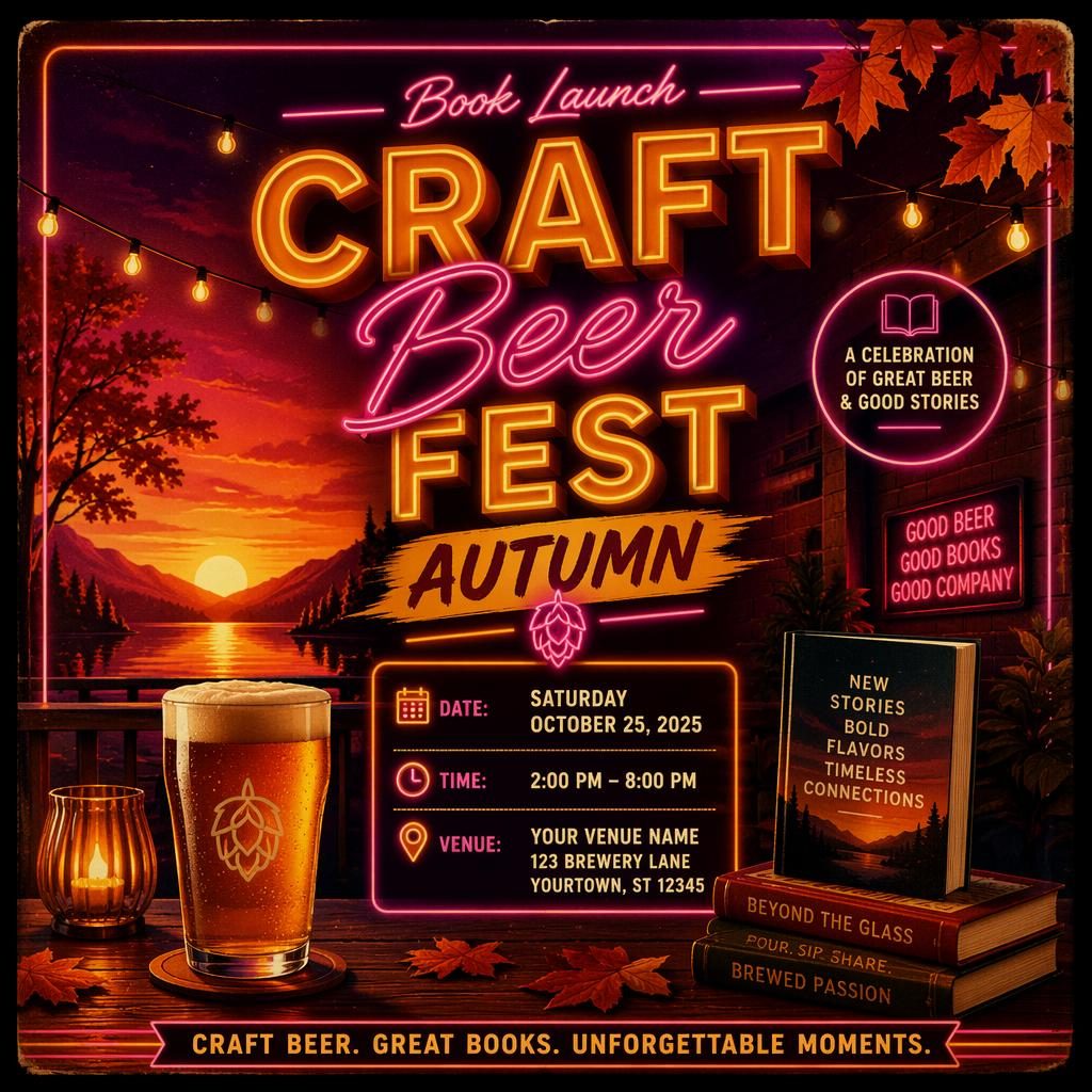 Retro 1980s neon autumn event poster with cozy sunset tones, craft beer fest theme, and clean placeholder text.