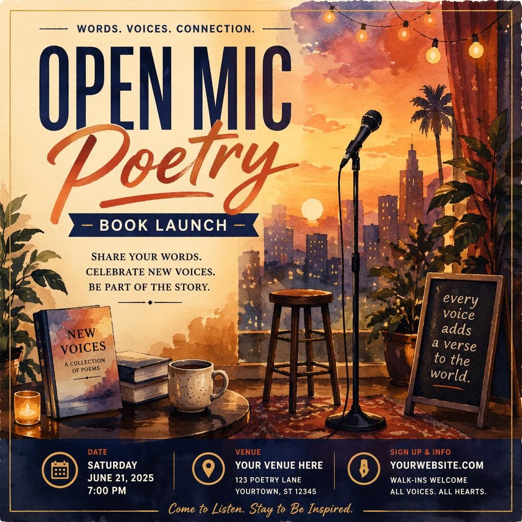 Watercolor event poster for an open mic poetry book launch with cozy sunset tones and clean date and venue placeholders.