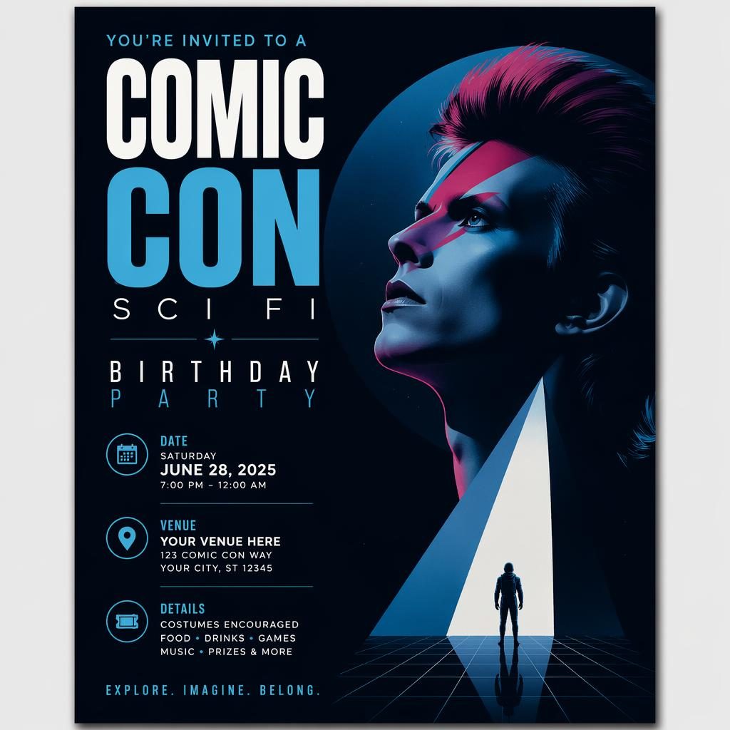 Minimalist Swiss sci-fi comic con event poster with cool neon palette, clean placeholder text, and formal layout.