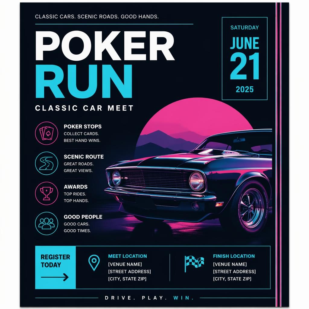 Minimalist Swiss-style event poster showing a classic car meet with cool neon colors and clean English placeholder text.