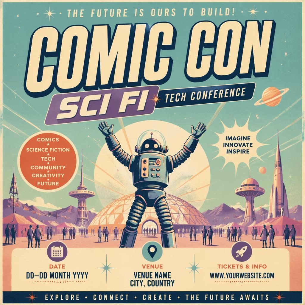 Affiche d’événement sci-fi type comic con, style poster vintage des années 1960, palette pastel, ambiance festive, texte anglais net.
