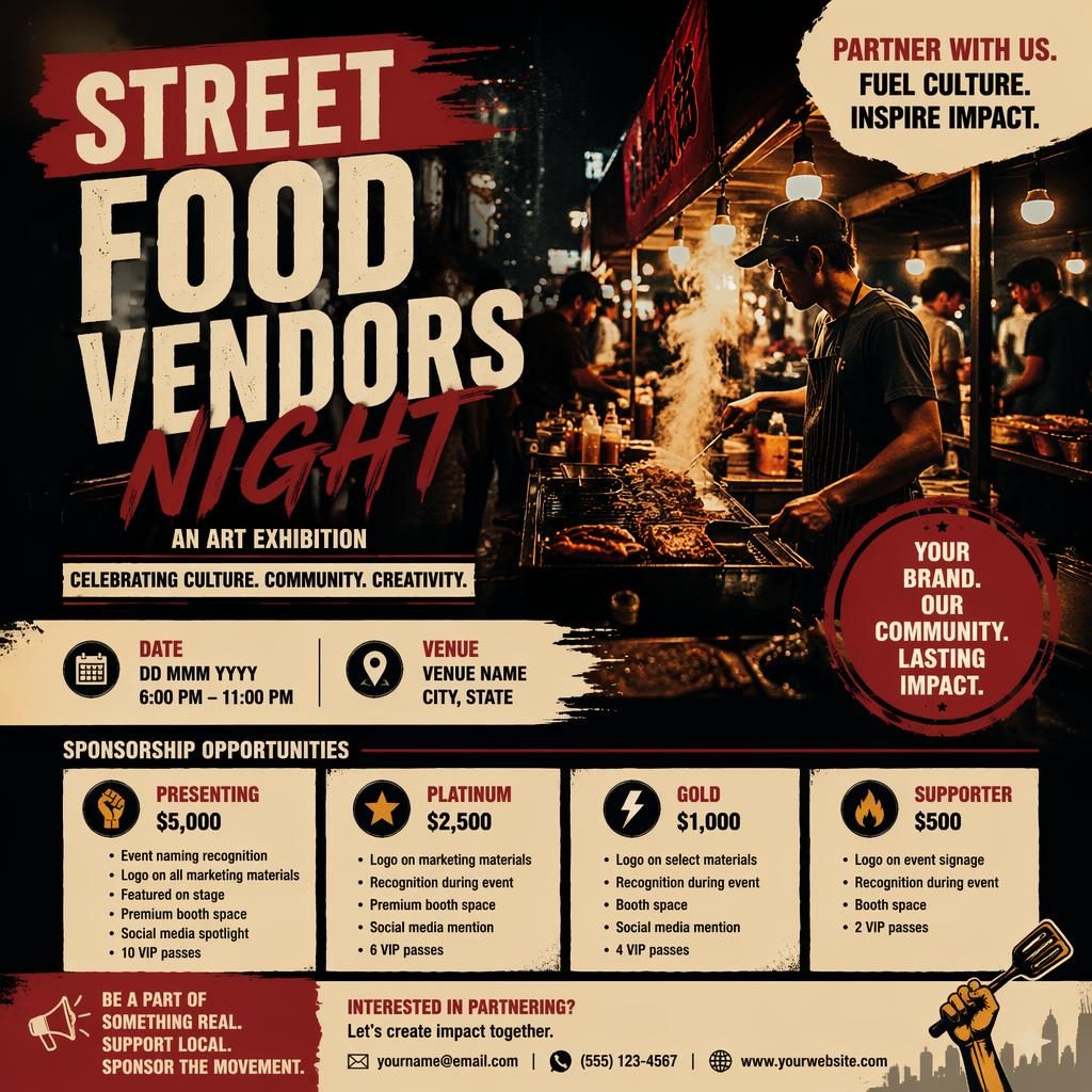 Photographic event poster of a street food vendors night for an art exhibition in cream and red, with bold overlay text placeholders.