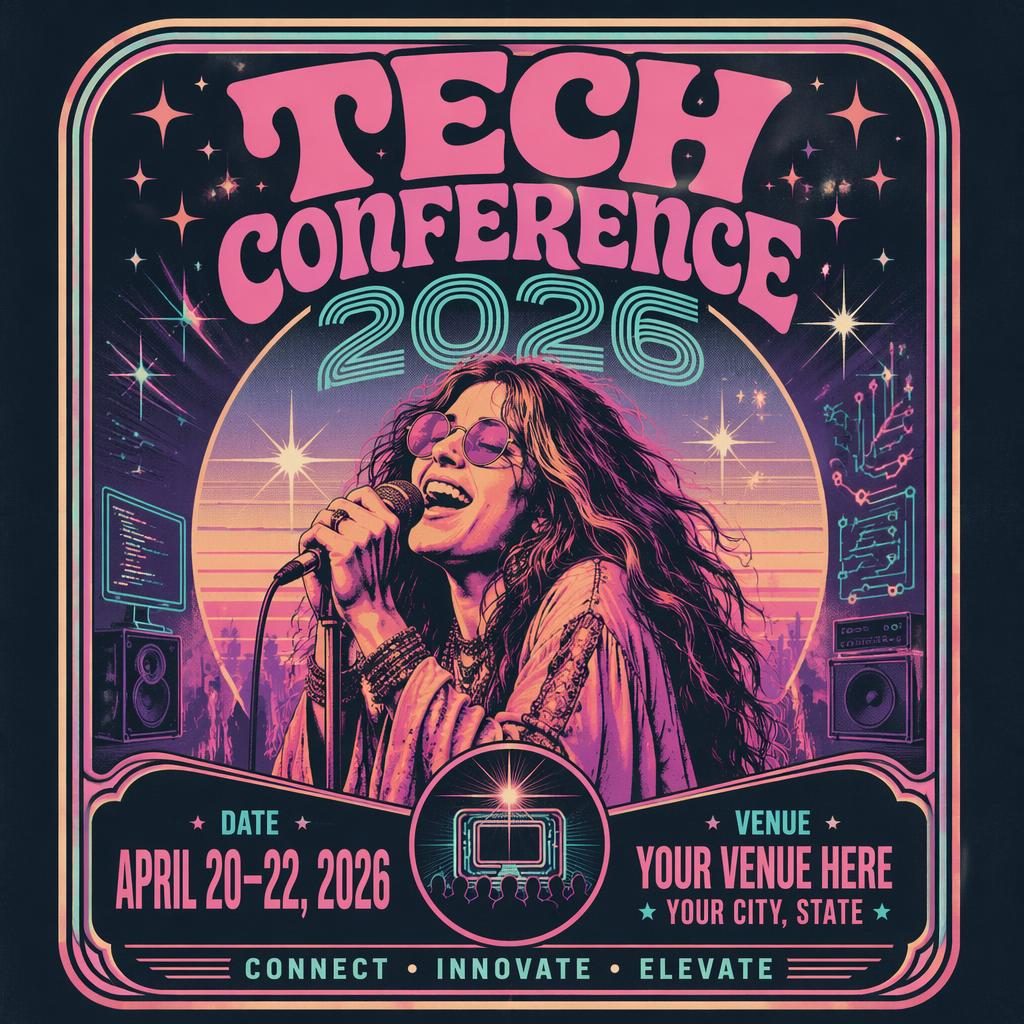 Retro 1980s neon event poster for Tech Conference 2026 with pastel colors, joyful mood, and sharp date and venue text.