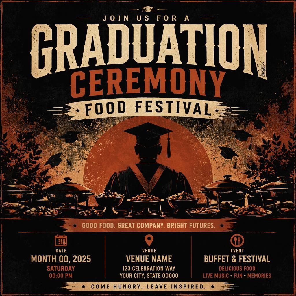 Dark grunge-style graduation ceremony poster with autumn rust tones, clean placeholder text, and mysterious festival vibe