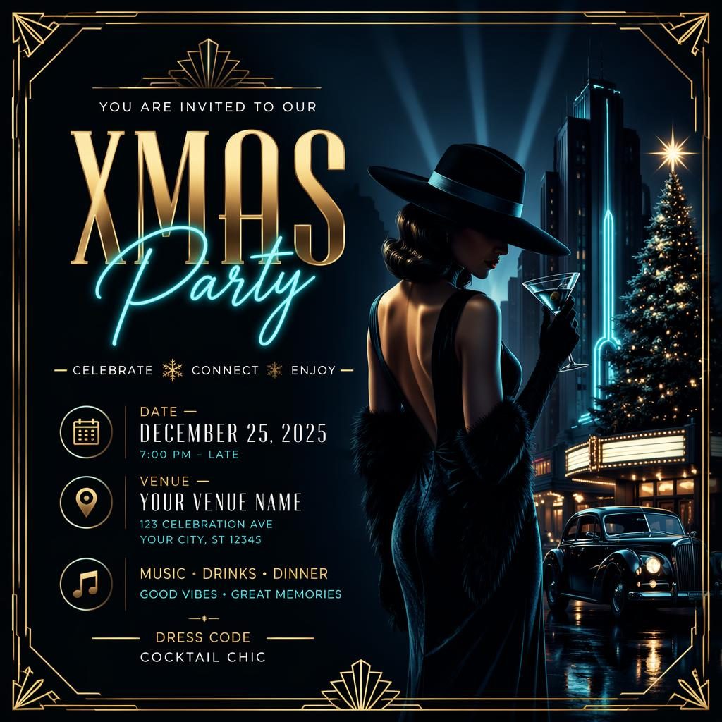Noir art deco event poster with cool neon palette, luxury typography, music festival layout, and clean date venue placeholders.