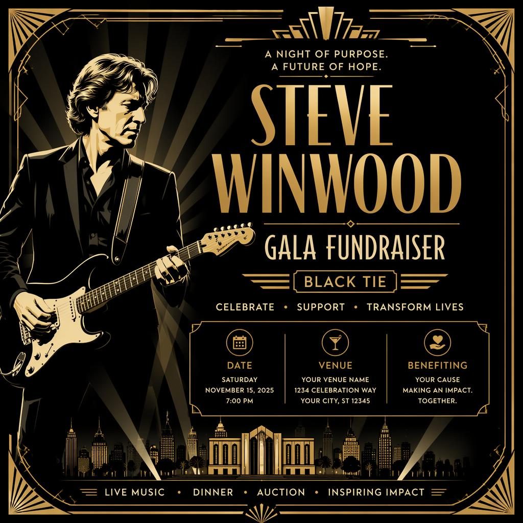 Art deco luxury event poster for a black-tie gala fundraiser party with bold high-contrast colors and clean placeholder text.
