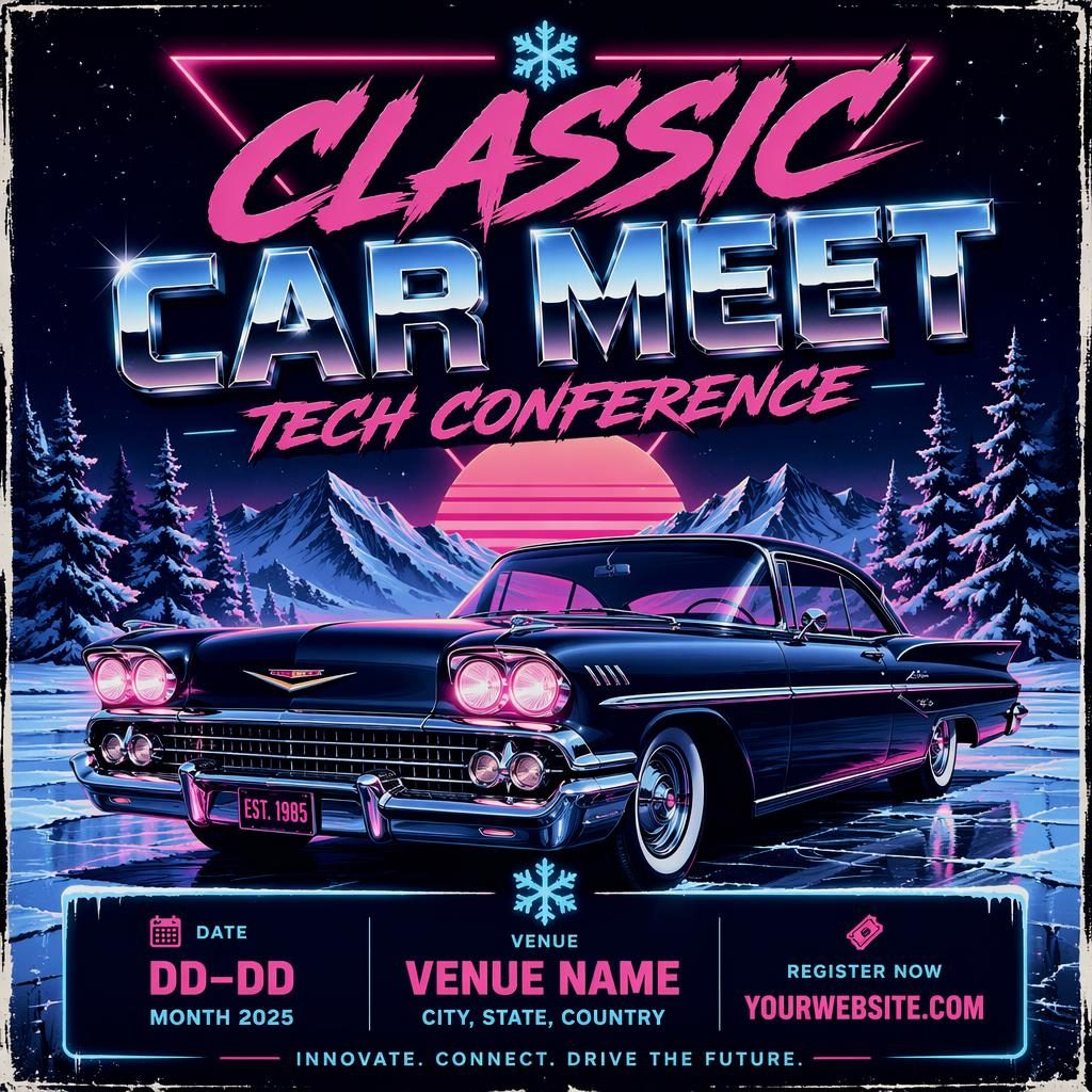 Retro 1980s neon event poster for a classic car meet with winter ice colors, festive mood, and sharp placeholder text