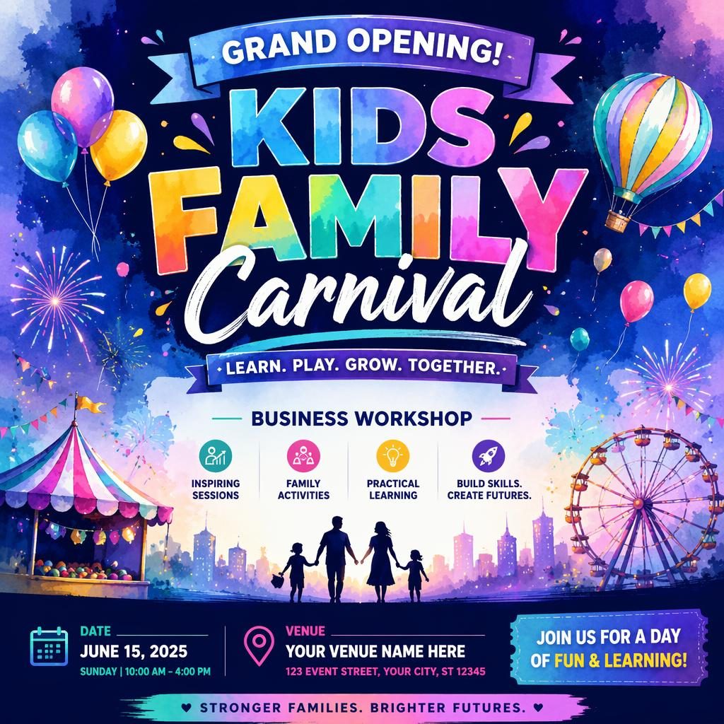 Watercolor event poster for a kids family carnival business workshop with cool neon colors and clean date and venue placeholders.